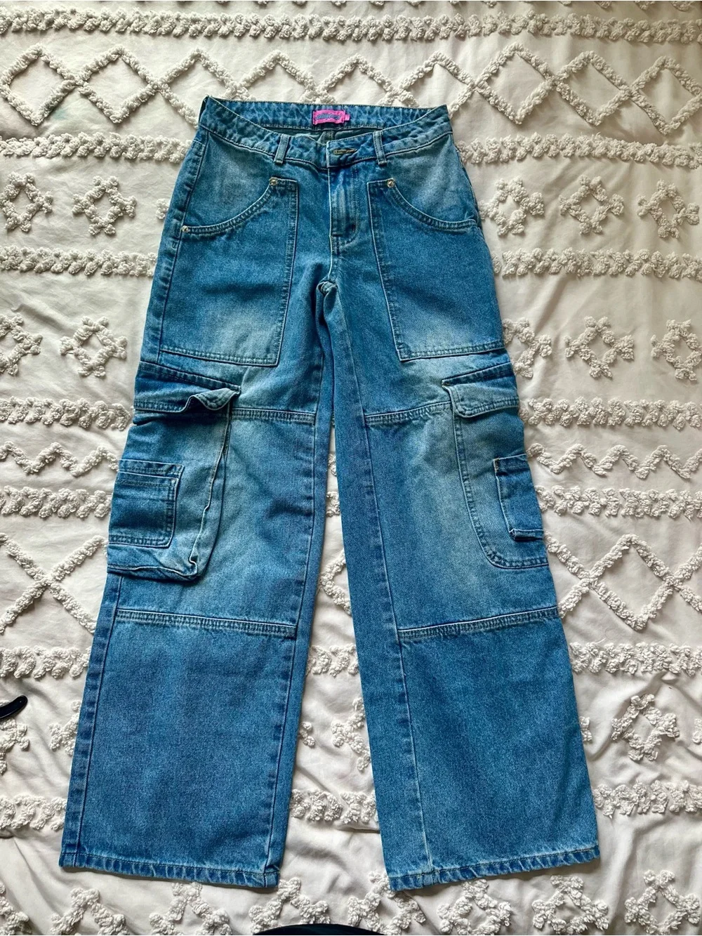 Edikted Westie Blue/Navy Washed Low Rise Baggy Cargo Jeans Size XS